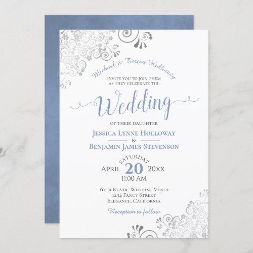 Silver Lace and Dusty Blue Formal White Wedding Invitation