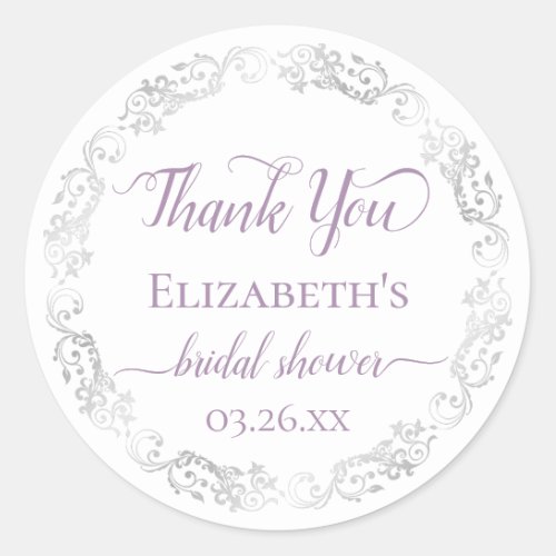 Silver Lace and Lavender Bridal Shower Thank You Classic Round Sticker