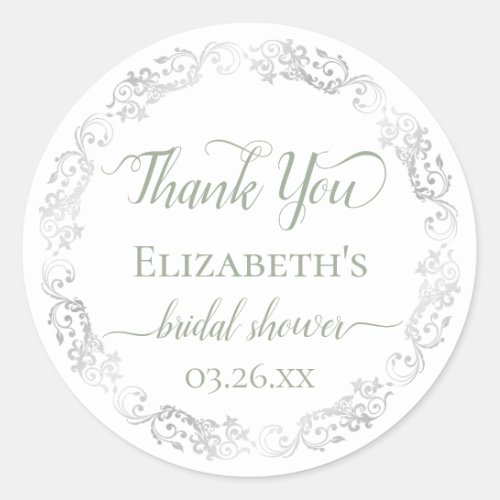 Silver Lace and Sage Green Bridal Shower Thank You Classic Round Sticker