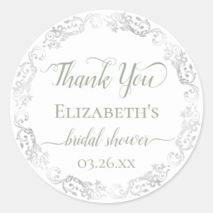 Silver Lace and Sage Green Bridal Shower Thank You Classic Round Sticker