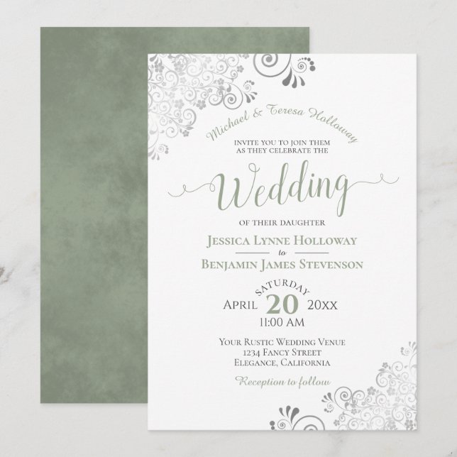 Silver Lace and Sage Green Formal White Wedding Invitation (Front/Back)