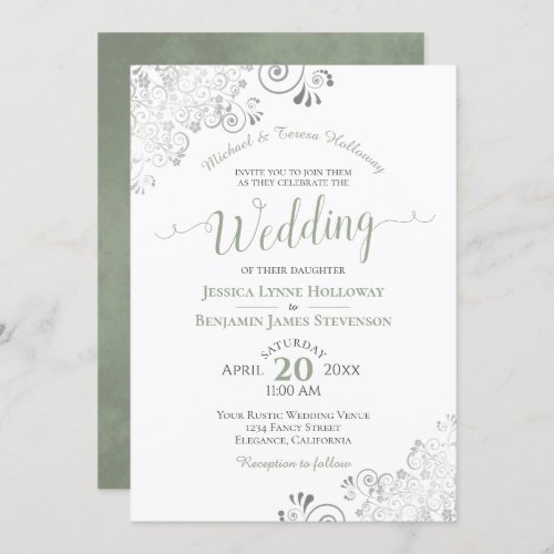 Silver Lace and Sage Green Formal White Wedding Invitation