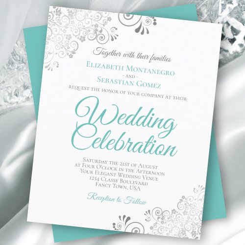 Silver Lace  Aqua BUDGET White Wedding Invitation