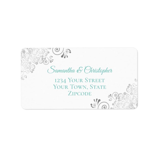 Silver Lace Aqua Teal on White Wedding Address Label (Front)
