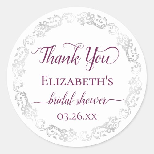 Silver Lace Berry on White Bridal Shower Thank You Classic Round Sticker