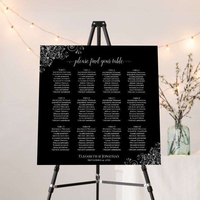 Silver Lace Black 12 Table Wedding Seating Chart Foam Board (In Situ (Stand))