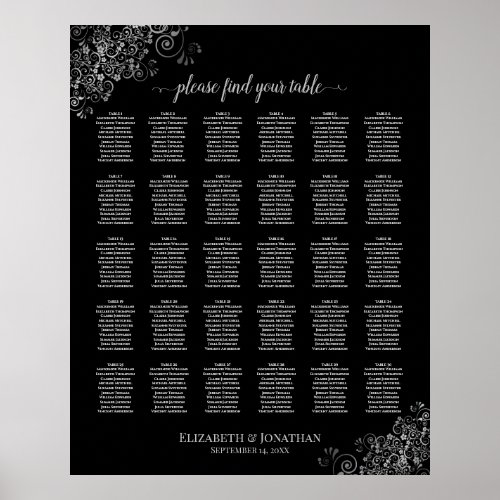 Silver Lace Black 30 Table Wedding Seating Chart