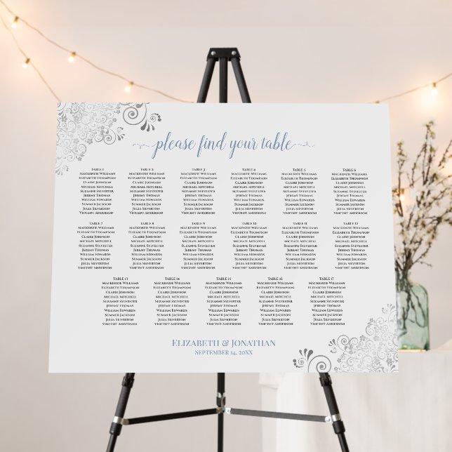 Silver Lace & Blue 17 Table White Seating Chart Foam Board (In Situ (Stand))