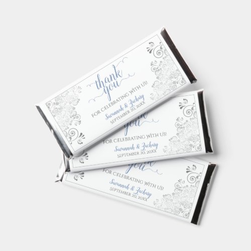 Silver Lace Blue  Gray on White Wedding Thank You Hershey Bar Favors