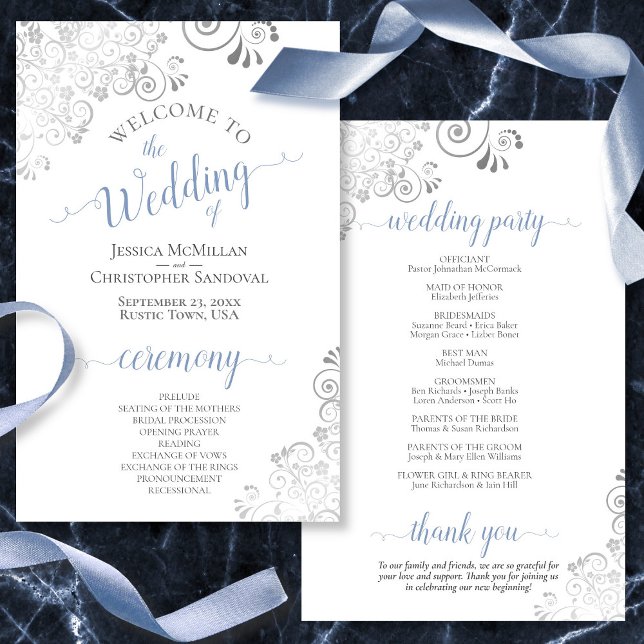 Silver Lace Blue on White Budget Wedding Program (Creator Uploaded)