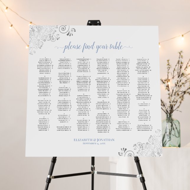 Silver Lace Blue White Alphabetical Seating Chart Foam Board (In Situ (Stand))