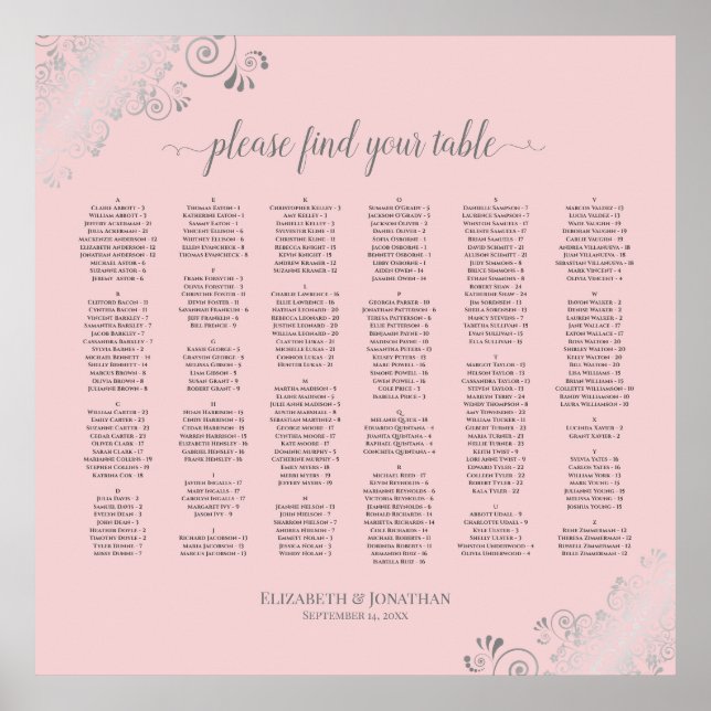 Silver Lace Blush Pink Alphabetical Seating Chart (Front)