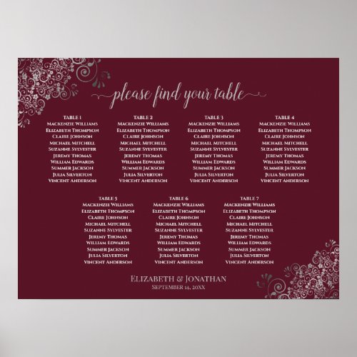 Silver Lace Burgundy 7 Table Wedding Seating Chart