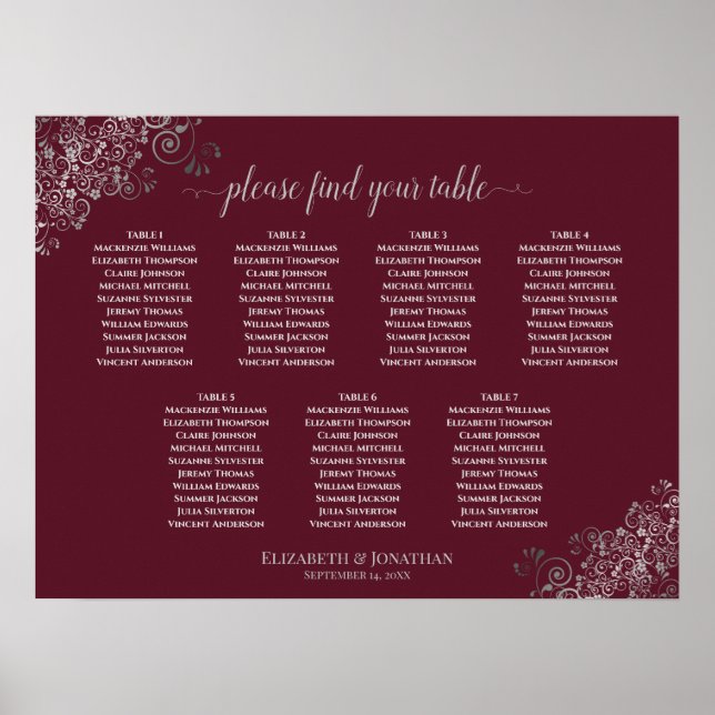 Silver Lace Burgundy 7 Table Wedding Seating Chart (Front)