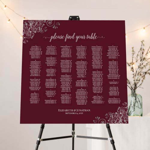 Silver Lace Burgundy Alphabetical Seating Chart Foam Board