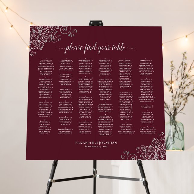 Silver Lace Burgundy Alphabetical Seating Chart Foam Board (In Situ (Stand))
