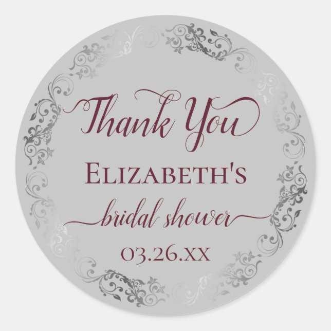 Silver Lace Burgundy Gray Bridal Shower Thank You Classic Round Sticker (Front)