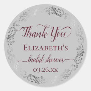 Silver Lace Burgundy Gray Bridal Shower Thank You Classic Round Sticker