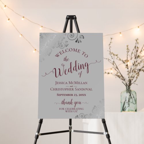 Silver Lace Burgundy Gray Elegant Wedding Welcome Foam Board