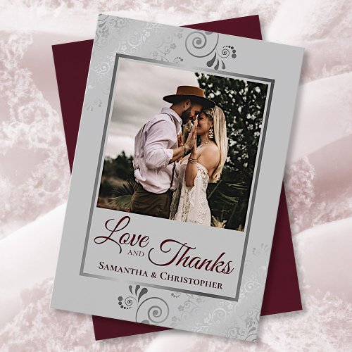 Silver Lace Burgundy  Gray Love  Thanks Wedding Thank You Card