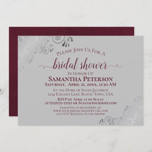 Silver Lace Burgundy on Gray Elegant Bridal Shower Invitation