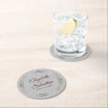 Silver Lace Burgundy on Gray Elegant Wedding Round Paper Coaster<br><div class="desc">These beautiful wedding coasters feature a simple yet elegant design with burgundy script lettering and a silver faux foil lace border on a gray background. There is space for the couple's names and the wedding date. Wonderful wedding memento or save the date gift.</div>