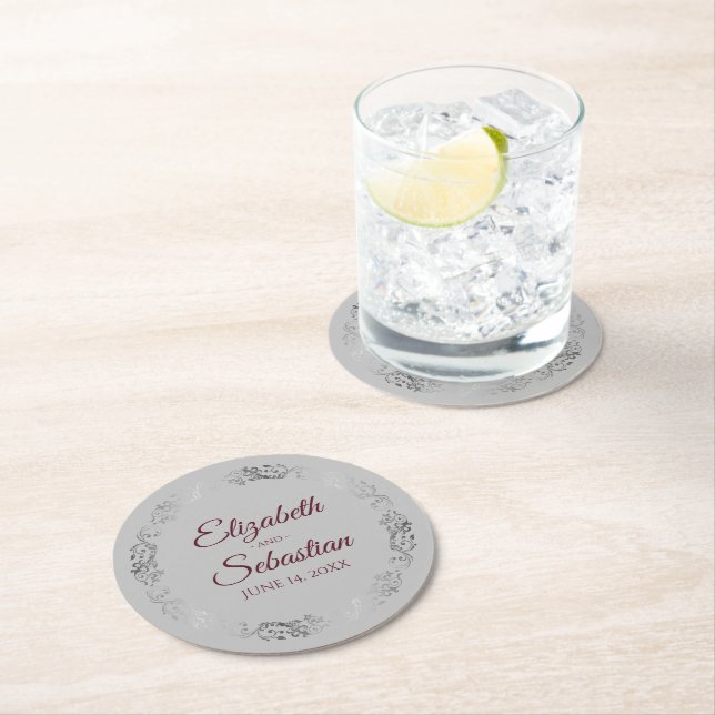 Silver Lace Burgundy on Gray Elegant Wedding Round Paper Coaster (Insitu)