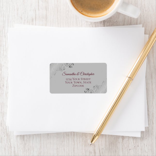 Silver Lace Burgundy on Gray Wedding Address Label (Insitu)