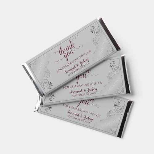Silver Lace Burgundy Red on Gray Wedding Thank You Hershey Bar Favors