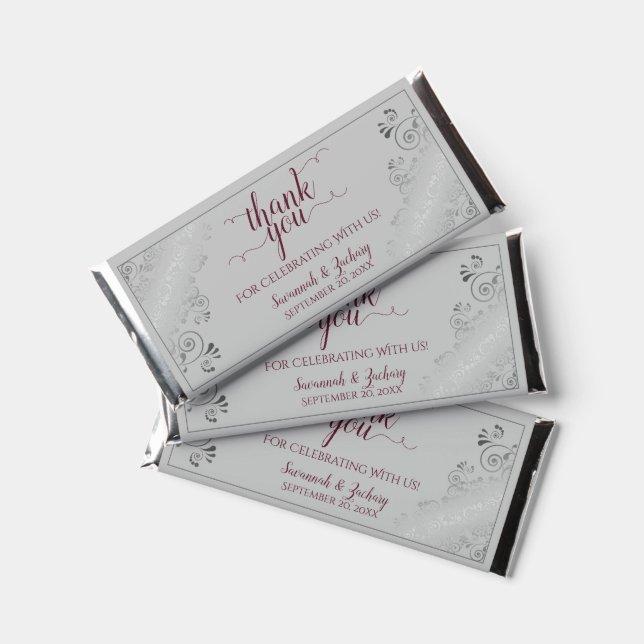Silver Lace Burgundy Red on Gray Wedding Thank You Hershey Bar Favors (Front)