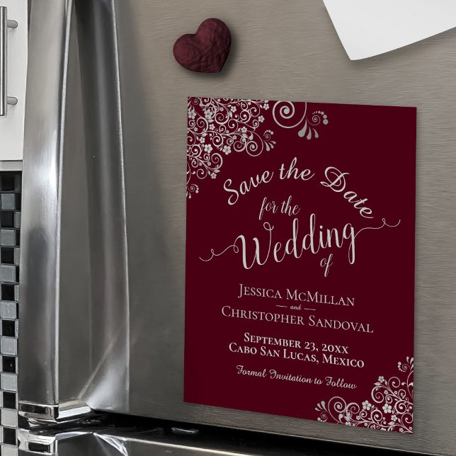 Silver Lace Burgundy Wedding Save the Date Magnet (On Refrigerator)
