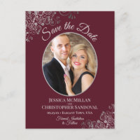 Silver Lace Burgundy Wedding Save the Date Photo