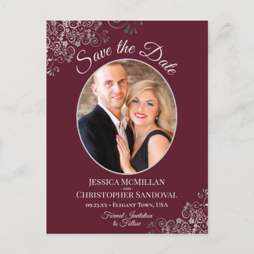 Silver Lace Burgundy Wedding Save the Date Photo Announcement Postcard