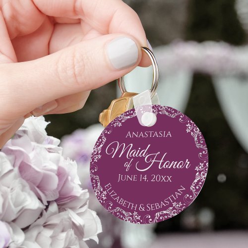 Silver Lace Cassis Magenta Maid of Honor Wedding Keychain