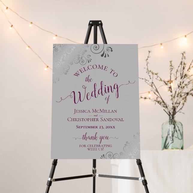 Silver Lace Cassis on Gray Elegant Wedding Welcome Foam Board (In Situ (Stand))