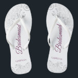 Silver Lace Cassis on White Bridesmaid Wedding Flip Flops<br><div class="desc">These elegant wedding flip flops are a great way to thank and recognize your bridesmaids, while giving their feet a rest after a long day. The beautiful design features an elegant design with silver gray lace frills on a white background and fancy cassis purple, magenta, or berry colored script lettering....</div>