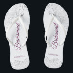 Silver Lace Cassis on White Bridesmaid Wedding Flip Flops<br><div class="desc">These elegant wedding flip flops are a great way to thank and recognize your bridesmaids, while giving their feet a rest after a long day. The beautiful design features an elegant design with silver gray lace frills on a white background and fancy cassis purple, magenta, or berry colored script lettering....</div>