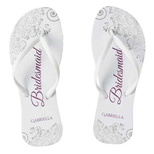Silver Lace Cassis on White Bridesmaid Wedding Flip Flops