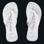 Silver Lace Cassis on White Maid of Honor Wedding Flip Flops<br><div class="desc">These beautiful wedding flip flops are a great way to thank and recognize your Maid of Honor while saving her feet at the same time. Features an elegant design with silver gray lace on a white background and fancy cassis purple, magenta, or berry colored script lettering. The test reads Maid...</div>