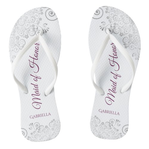 Silver Lace Cassis on White Maid of Honor Wedding Flip Flops