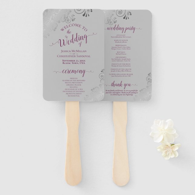 Silver Lace Cassis Purple on Gray Wedding Program Hand Fan (Front and Back)