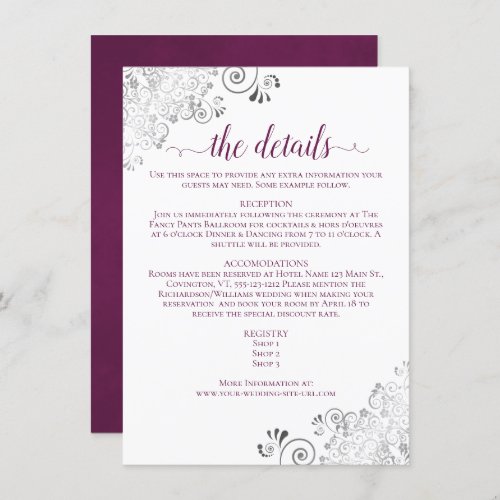 Silver Lace Cassis Purple on White Wedding Details Enclosure Card