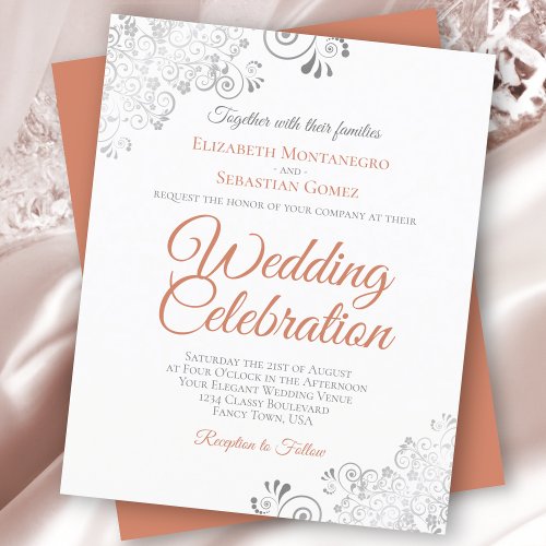 Silver Lace Coral BUDGET White Wedding Invitation