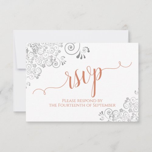 Silver Lace Coral on White Elegant Script Wedding RSVP Card