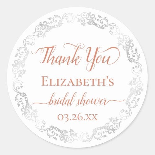 Silver Lace  Coral Orange Bridal Shower Thank You Classic Round Sticker