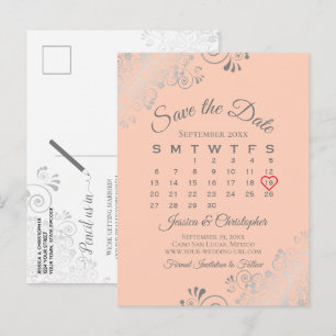 Silver Lace Coral Wedding Save the Date Calendar Announcement Postcard