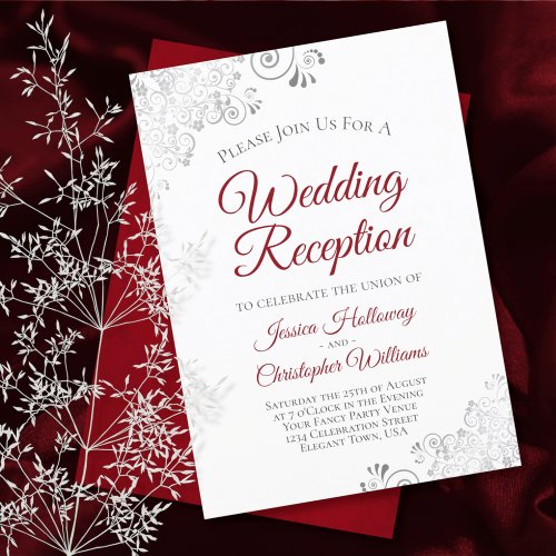 Silver Lace Crimson Red on White Wedding Reception Invitation