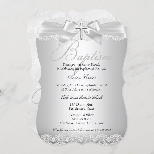 Silver Lace  Cross Baptism Boy or Girl 2 Invitation