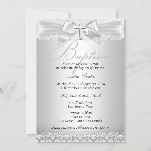 Silver Lace  Cross Baptism Boy or Girl 2 Invitation