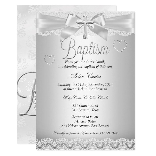 Silver Lace Cross Baptism Boy Or Girl Invitation